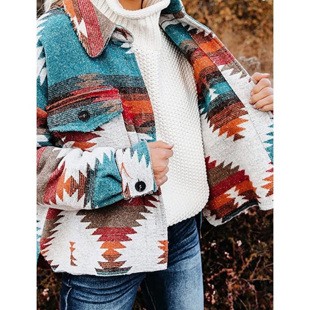 Multicolor Aztec Tribal Print Button Down Corduroy Shacket Jacket Coat - Picture 3 of 7